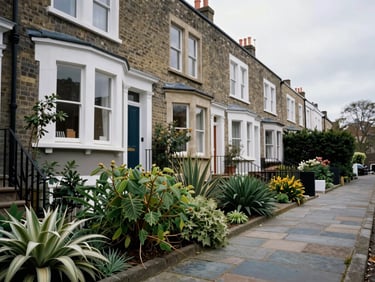 Low-angle architectural elevation of a narrow Victorian terrace rear garden, featuring quarried bluestone paving and lush native groundcover