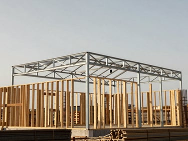 Mid-construction barndominium steel truss frame standing against a clear sky, raw materials and timber posts visible, architectural framing details