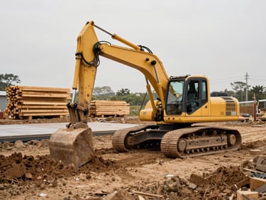 Excavator clearing land for a foundation slab on a rural acreage, raw dirt, timber beams stacked neatly in the background