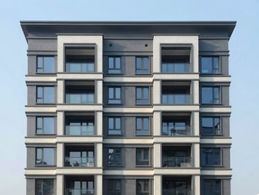 Modern multi-family residential building exterior, clean architectural lines, crisp daylight, neutral tones.