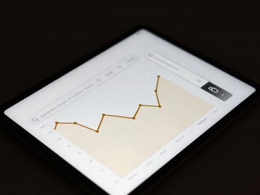 A close-up of a high-end tablet showing search engine advertising analytics with gold chart lines, dark background, dramatic studio lighting
