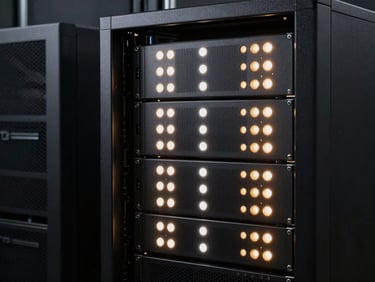 Clean professional server rack with glowing soft white and amber status lights, sleek dark tech environment