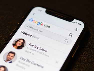 Close-up of a smartphone screen showing targeted Google Ads search results and social media campaigns, dark background, gold reflections
