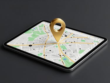 A modern tablet showing a local map with a gold location pin, dark interface, sleek workspace setup