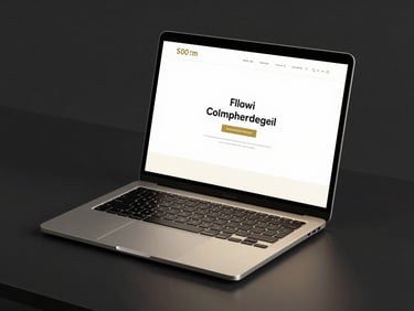 Sleek modern laptop on a dark desk displaying a high-contrast minimalist website with gold accents, sharp studio lighting