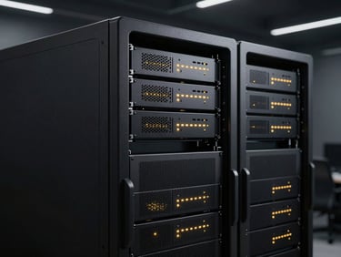 Sleek modern server rack with subtle gold LED indicator lights, clean dark server room environment, premium tech aesthetic