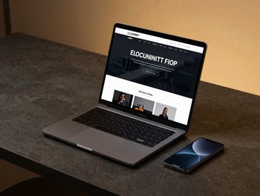 Sleek modern laptop and smartphone displaying a dark-mode website interface on a dark concrete desk, warm gold ambient lighting, premium corporate aesthetic