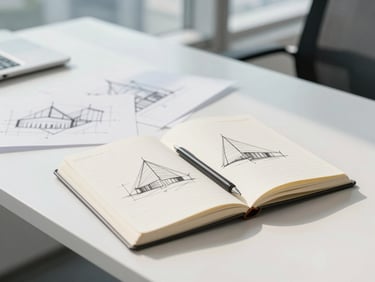 Bright modern office with architectural sketches and a notebook on a clean desk, soft daylight
