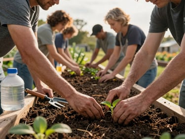 Volunteers working together in a neighborhood garden, hands pressing seedlings into soil in raised beds, golden afternoon light, clean water containers and planting tools nearby, community members of different ages participating