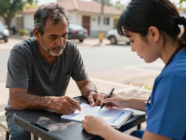 Close-up framing, natural daylight — a community health worker leaning over a portable table, reviewing a health screening form with a middle-aged man seated across from her, both in focus, a neighborhood street visible softly behind them, warm afternoon light falling across their hands and the paperwork