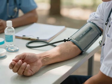 Close-up of a community health worker's hands taking a patient's blood pressure at an outdoor health camp table, warm natural daylight, medical supplies and a clipboard visible on the table surface, shallow depth of field