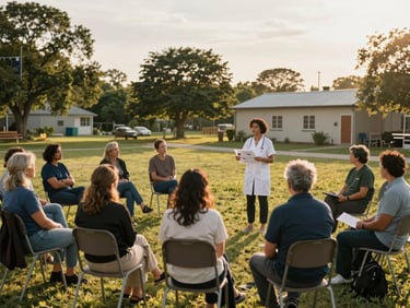 Wide environmental framing, golden-hour daylight — a small group of adults seated in chairs arranged in a semicircle outdoors, a health educator standing before them with a printed chart, community trees and a simple building in the background, warm light across the gathering, engaged faces turned toward the speaker