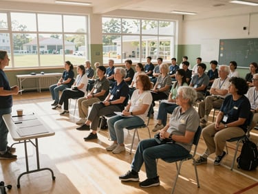 Wide environmental shot of a community wellness seminar in a sunlit school gymnasium, rows of community members of all ages seated and engaged, a presenter at the front with educational materials on a folding table, daylight streaming through high windows, an atmosphere of active participation