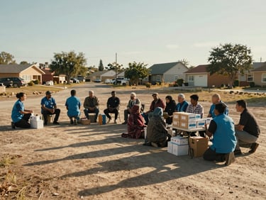 Wide landscape frame, right-bleed: a small group of volunteers and community health workers gathered outdoors in a sunlit open area, some kneeling beside folding tables stacked with supply boxes, others in conversation with residents of mixed ages, warm afternoon light from the left casting long natural shadows across the ground, wide environmental shot showing the scale of the gathering and surrounding neighborhood context