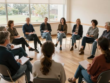 A small group of adults seated in a circle in a community room, engaged in conversation, warm indoor daylight from large windows, a facilitator listening attentively, notebooks open on laps, calm and focused atmosphere