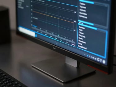 High-contrast close-up of a digital interface showing performance metrics on a high-end monitor, crisp typography, electric blue accent lines reflecting on a dark metallic desk.
