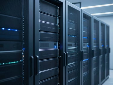 Modern clean server racks in a secure data center, cool blue ambient light, crisp studio focus, 35mm lens