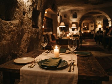 Intimate candlelit stone cave interior of Cappa IL Gusto restaurant in Göreme, warm low-key lighting, empty wood table set for two, wine glasses reflecting soft light, deep green and cream tones.