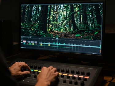 A professional colorist's hands adjusting dials on a grading suite panel, a large monitor displaying a moody forest scene with rich shadows and green undertones, anamorphic aspect ratio, 35mm grain