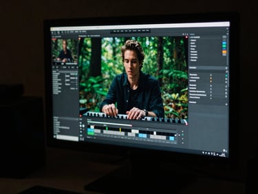 A dimly lit color grading suite with a large monitor displaying a beautifully lit interview subject, hands on a control surface, rich forest green undertones, 35mm grain.