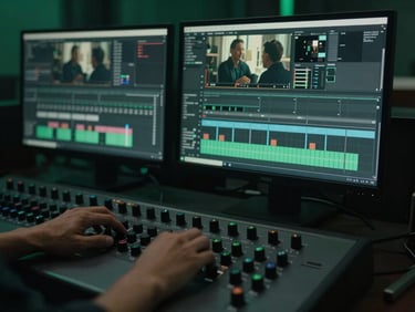 A high-end color grading suite with a large monitor displaying a commercial scene, hands adjusting physical dials on a control surface, moody low-key green undertones.