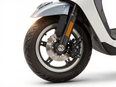 Extreme close-up of Panthera scooter front wheel and motor hub on studio floor, crisp strobe light from upper left, mechanical detail sharp, brushed alloy spokes, clean white backdrop