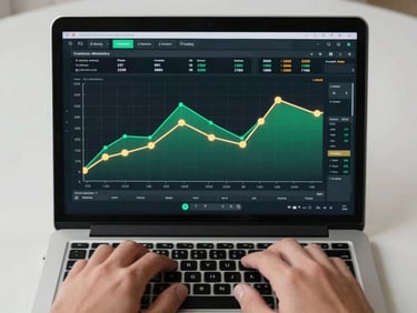 Close overhead shot of a laptop screen displaying a data-matching dashboard with emerald and gold node graphs, a professional's hands resting at the keyboard, clean studio lighting, sharp focus on the data visualization