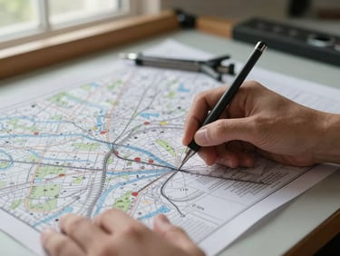 Extreme close-up of a cartographer's hands annotating a printed map proof on a light drafting table, technical measurement tool resting on paper, ink detail and paper grain sharp, even north-facing window light, no face visible