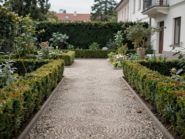 Garden maintenance in progress at a Viennese residential courtyard, raked gravel path, trimmed hedges, overcast daylight, close environmental shot, photojournalistic
