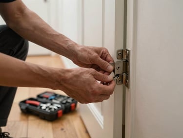Close-up of a worker's hands tightening a door hinge in a Viennese apartment hallway, tool kit open on floor beside, clean corridor visible in background