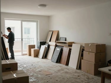 Wide shot of a cleared apartment room mid-declutter, stacked furniture and boxes near exit, worker in work uniform visible at left, natural daylight from window