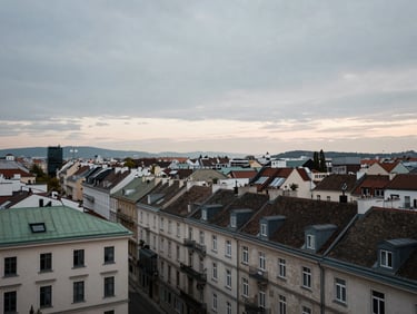 Wide-angle view of a Vienna residential district rooftop line at dawn, soft grey sky, city silhouette in background, documentary style, no people