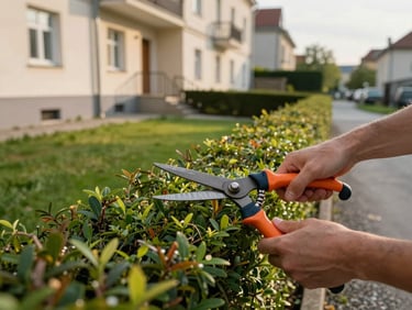 Hands trimming a hedge along a Viennese residential building perimeter, garden shears sharp in foreground, clean lawn and gravel path behind, warm afternoon light