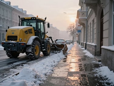 Environmental shot of a salted Viennese sidewalk in early morning, snow removal equipment parked at curb left, cleared pathway glistening under grey winter sky