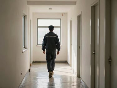Single person in work gear walking along a clean building corridor interior, natural light from window at end of hallway, freshly mopped floor reflecting light, documentary style