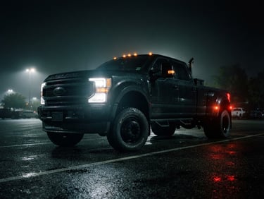 Low-angle heroic shot of a heavy-duty dually truck idling at a dark rest stop, headlights cutting through night mist, red taillights glowing, dramatic low-light photography, 35mm