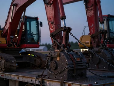 Tight shot of heavy industrial machinery (e.g., excavator arm) strapped down on a flatbed trailer with thick chains and industrial tensioners, under crisp early dawn light, sharp details.