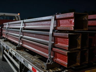 Close-up of bundles of steel beams secured to a flatbed trailer with multiple heavy-duty straps and chains, nocturnal highway lighting, high contrast, sharp details.