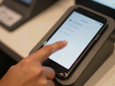 Close-up overhead of a hand tapping a phone screen at checkout, payment confirmation glow on the screen, warm ambient light, motion blur on the tap gesture