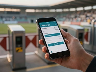 Overhead close-up of a hand holding a phone displaying a ticket confirmation screen at a stadium gate under warm evening light