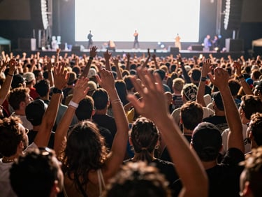 Close-up overhead of a sold-out reggaeton concert floor, crowd hands raised, stage glow from front, natural venue atmosphere