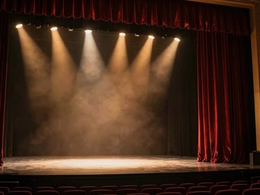 Theater stage lit with warm amber spotlights, velvet curtain to the right, empty front rows just visible at the bottom, dramatic theatrical atmosphere