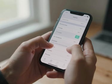 Close-up overhead of hands holding a smartphone mid-scroll on a ticket search results screen, natural window light from the left, fingers in motion suggesting speed