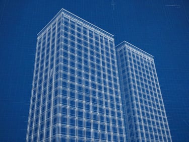 High-contrast technical blueprint drawing of a mixed-use building elevation, clean white lines on a dark blue grid background, precise architectural drafting style.