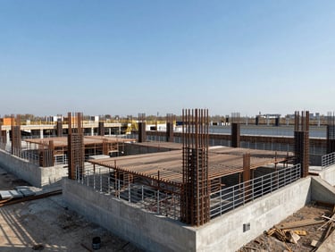 Wide-angle environmental shot of structural steel framing and concrete foundations of a large-scale commercial development under clear daylight