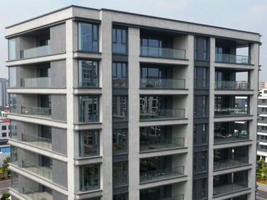 High-angle architectural elevation of a modern mixed-use mid-rise building, clean concrete and glass facade, bright overcast daylight.