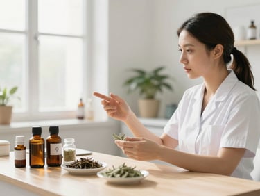 A professional practitioner in a clean clinic room explaining herbal remedies, bright natural daylight, warm sage accents, play overlay icon, 35mm lens.