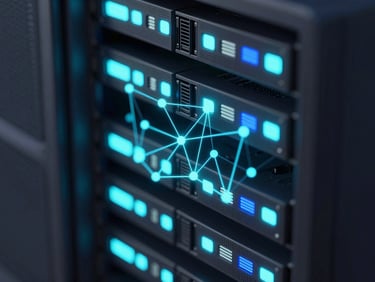 Macro close-up of server hardware racks with glowing neon teal and electric blue LED indicators, dark-mode 3d render, isometric technical style, octane render