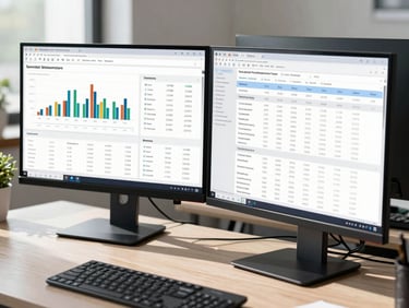 Cool daylight office setting with a dual-screen monitor displaying clean financial dashboards and structured data tables, sharp shadows, daylight precision