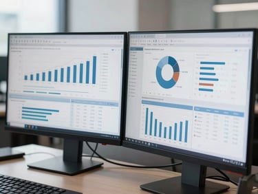 A close-up of a dual-screen monitor setup in a bright corporate office displaying clean financial dashboards with sharp graphs and data tables, cool daylight casting soft shadows.